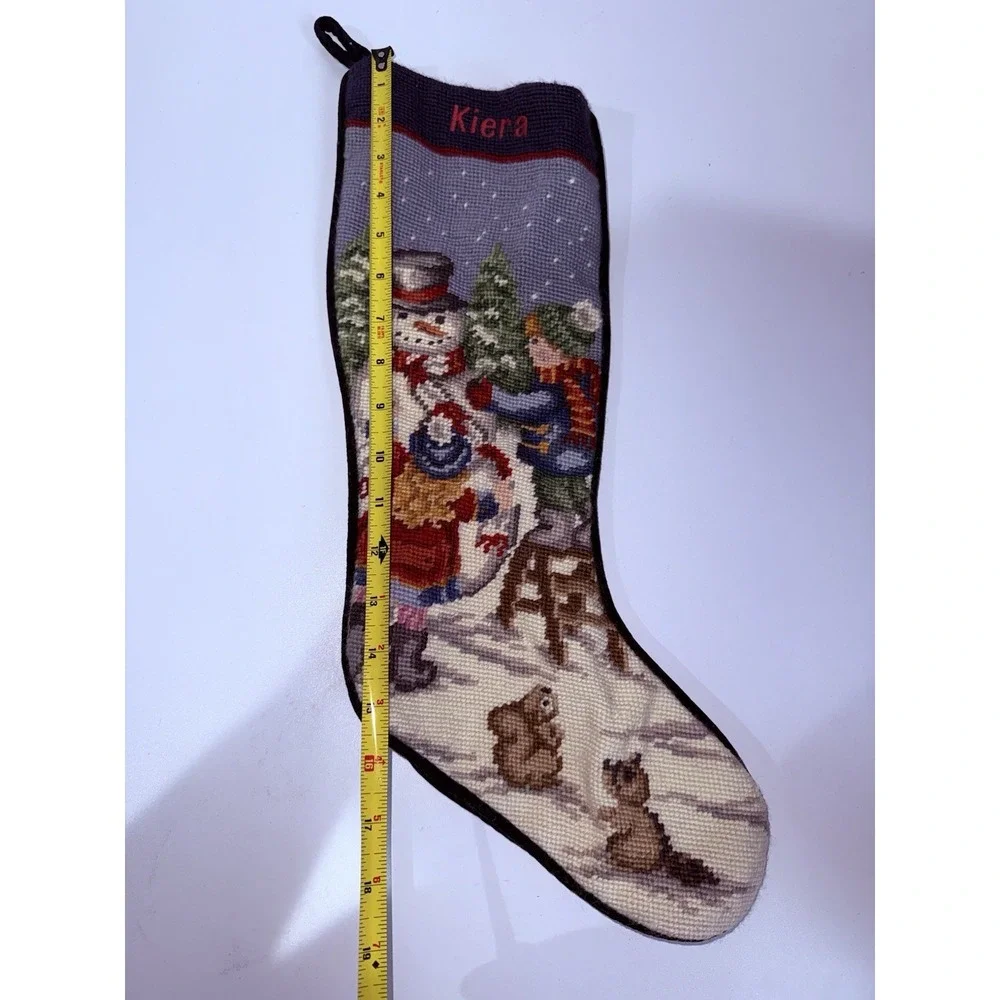Lands End Needlepoint Christmas Stocking With Snowman Children + Woodland Animal